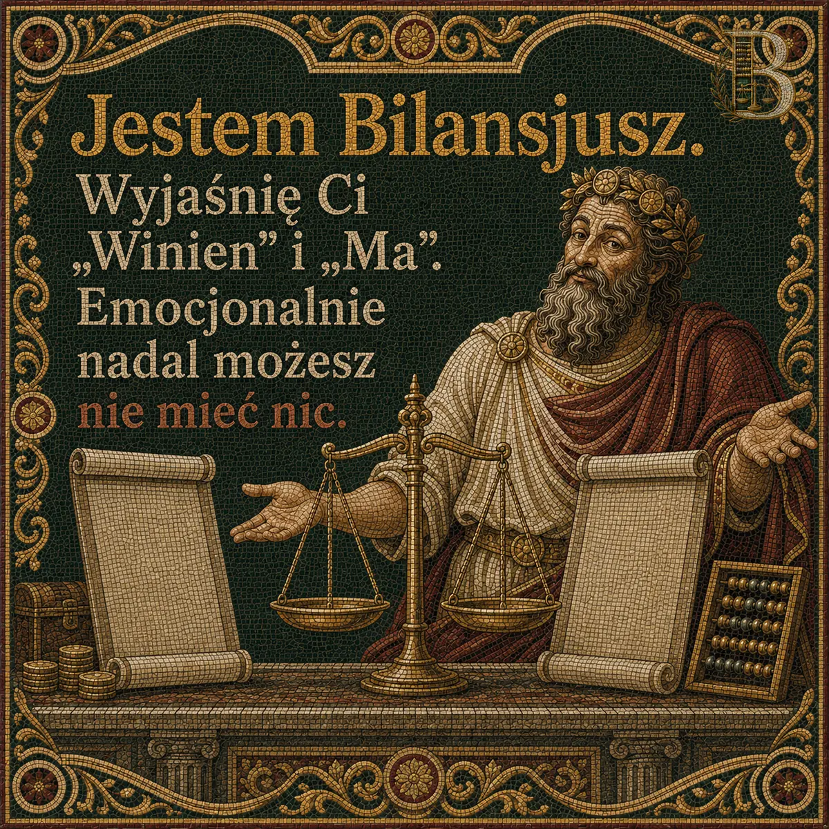 Postać siedzi za kamiennym stołem z wagą szalkową między dwoma pustymi zwojami i rozkłada ręce w geście wyjaśniania, obok liczydło i skrzynka z monetami.. Napis: Jestem Bilansjusz. Wyjaśnię Ci „Winien” i „Ma”. Emocjonalnie nadal możesz nie mieć nic.