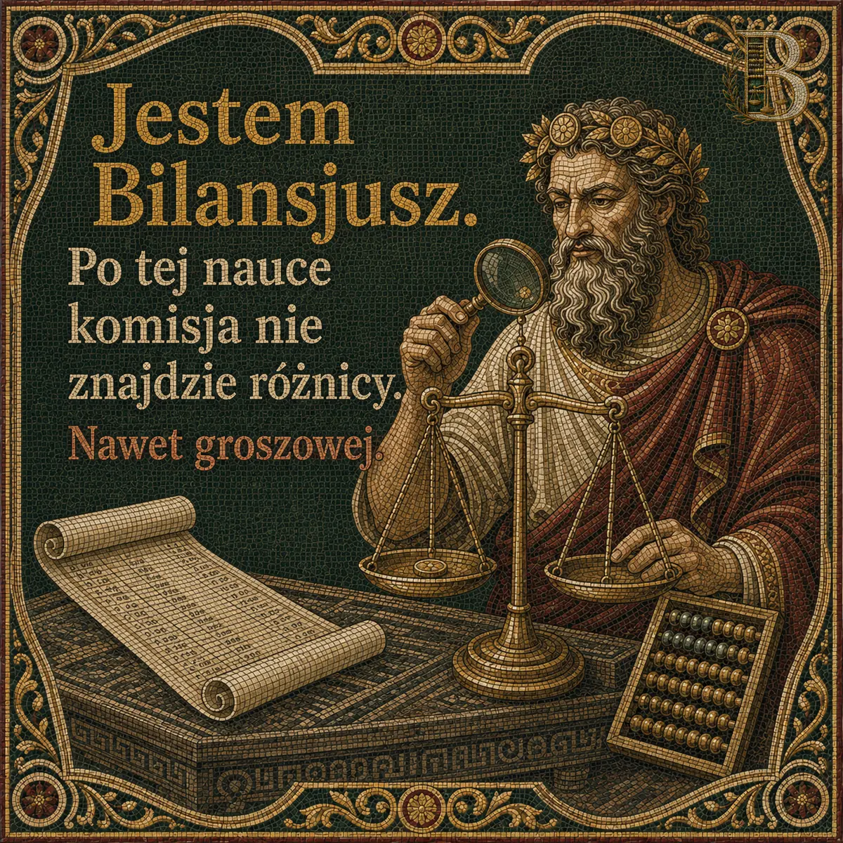 Postać przygląda się przez lupę szalkom wagi stojącej na stole, obok leży rozwinięty zwój z rachunkami i liczydło.. Napis: Jestem Bilansjusz. Po tej nauce komisja nie znajdzie różnicy. Nawet groszowej.