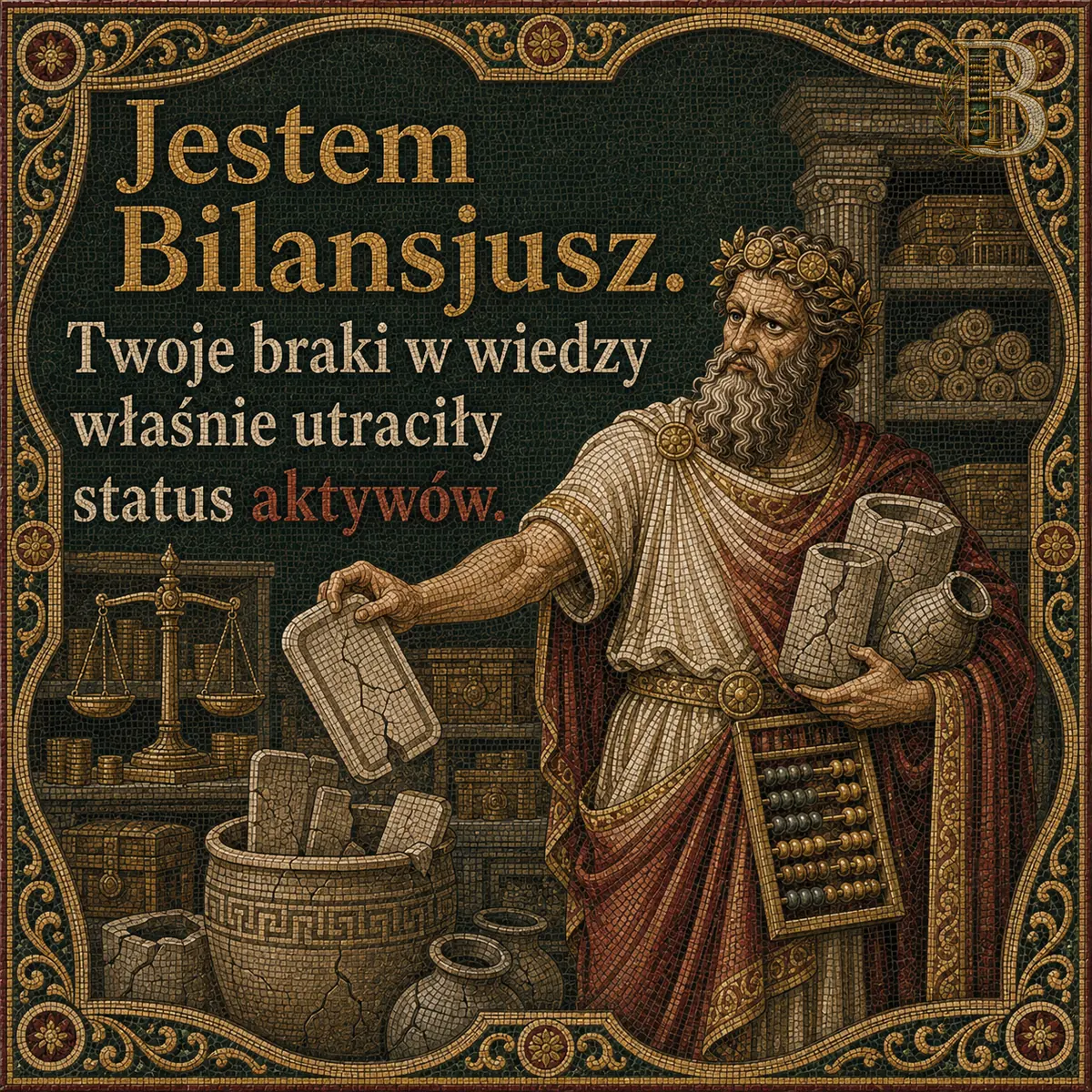 Postać wrzuca pękniętą tabliczkę do glinianego naczynia, pod pachą trzyma zwoje, przy pasie ma liczydło, w tle regały i waga szalkowa.. Napis: Jestem Bilansjusz. Twoje braki w wiedzy właśnie utraciły status aktywów.