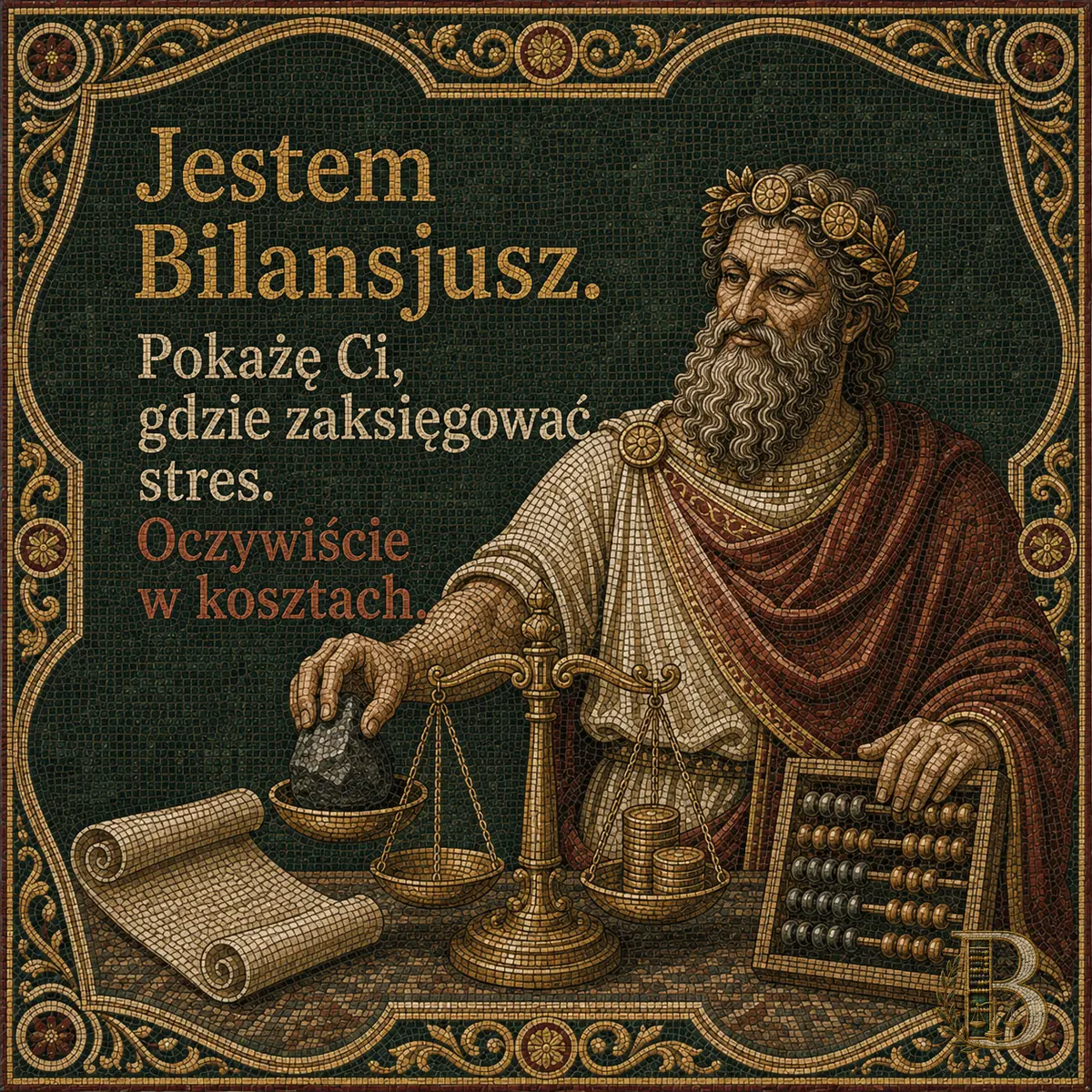 Postać siedzi przy stole i kładzie ciemny odważnik na szalce wagi, drugą ręką opiera się o duże liczydło, obok rozwinięty zwój i stosik monet.. Napis: Jestem Bilansjusz. Pokażę Ci, gdzie zaksięgować stres. Oczywiście w kosztach