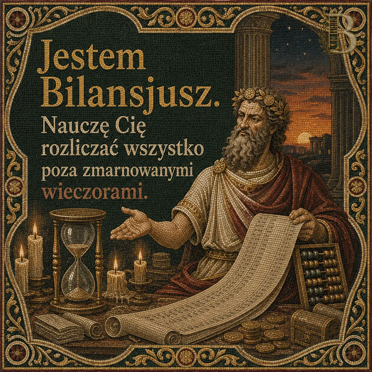 Nocna scena z kolumnadą i gwiazdami: postać rozwija długi zwój przy stole zastawionym świecami, klepsydrą, monetami i liczydłem.. Napis: Jestem Bilansjusz. Nauczę Cię rozliczać wszystko poza zmarnowanymi wieczorami.