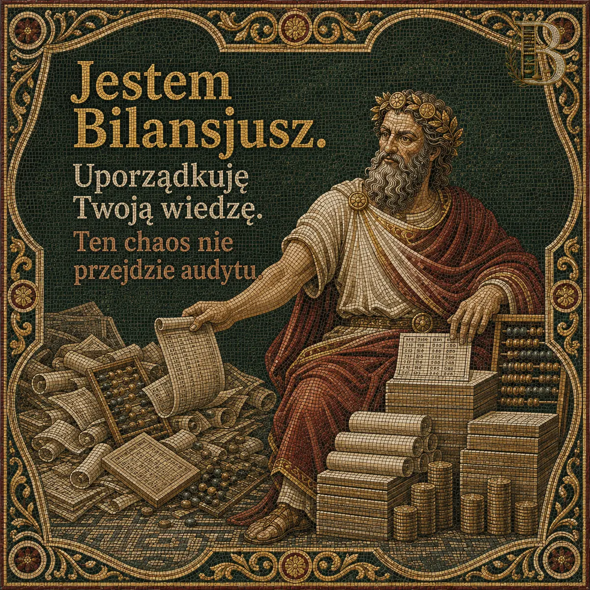 Postać siedzi nad równo ułożonymi stosami zwojów i monet i podnosi jeden zwój, po lewej stronie panuje bałagan z porozrzucanych dokumentów.. Napis: Jestem Bilansjusz. Uporządkuję Twoją wiedzę. Ten chaos nie przejdzie audytu