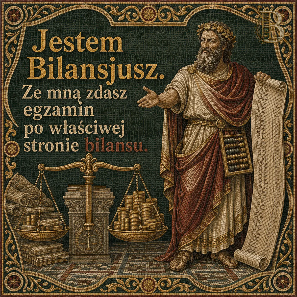 Postać stoi z długim rozwiniętym zwojem i wyciąga rękę w stronę wagi, na której szalkach leżą monety i zwoje.. Napis: Jestem Bilansjusz. Ze mną zdasz egzamin po właściwej stronie bilansu.