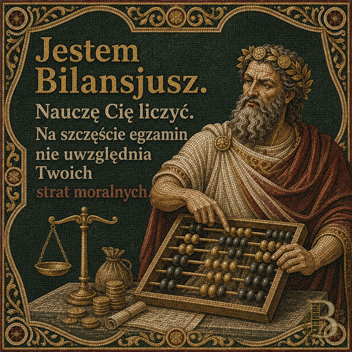 Postać obiema rękami obsługuje duże liczydło ustawione na stole, obok sakiewka, stosik monet i zwinięty zwój, po lewej mała waga szalkowa.. Napis: Jestem Bilansjusz. Nauczę Cię liczyć. Na szczęście egzamin nie uwzględnia Twoich strat moralnych.