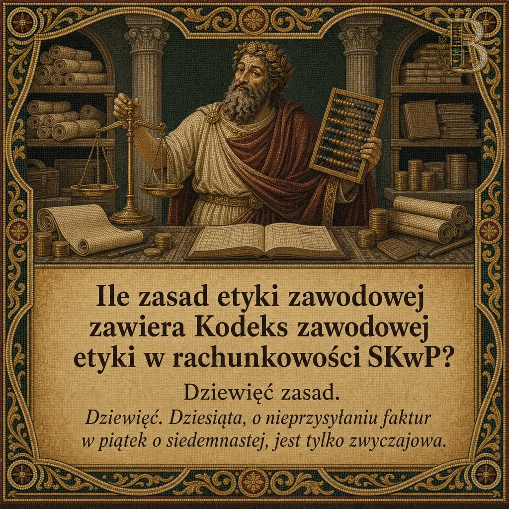Bilansjusz stoi za pulpitem z otwartą księgą, w jednej ręce trzyma wagę szalkową, w drugiej liczydło, za nim półki ze zwojami i skrzyniami. Napis: Ile zasad etyki zawodowej zawiera Kodeks zawodowej etyki w rachunkowości SKwP? Dziewięć zasad. Dziewięć. Dziesiąta, o nieprzysyłaniu faktur w piątek o siedemnastej, jest tylko zwyczajowa.