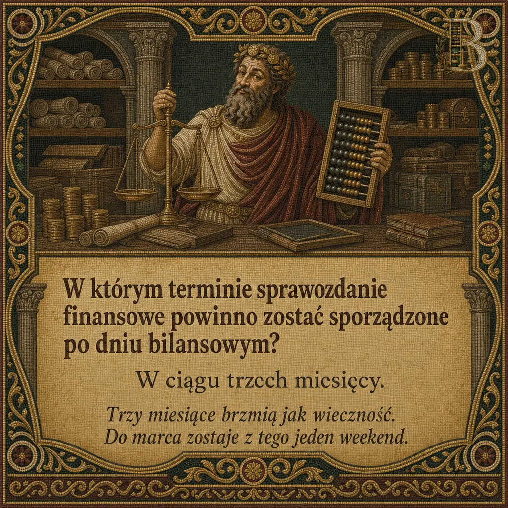 Bilansjusz między dwiema kolumnami trzyma wagę szalkową i liczydło, na blacie leżą zwoje i tabliczki rachunkowe. Napis: W którym terminie sprawozdanie finansowe powinno zostać sporządzone po dniu bilansowym? W ciągu trzech miesięcy. Trzy miesiące brzmią jak wieczność. Do marca zostaje z tego jeden weekend.