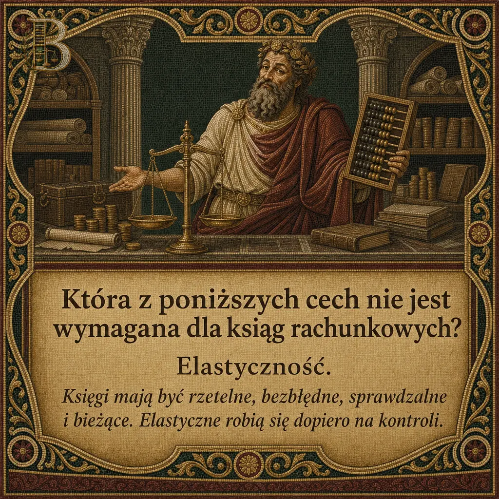 Bilansjusz wskazuje otwartą dłonią szalki wagi stojącej na blacie, obok leżą księgi, zwoje i stosy monet. Napis: Która z poniższych cech nie jest wymagana dla ksiąg rachunkowych? Elastyczność. Księgi mają być rzetelne, bezbłędne, sprawdzalne i bieżące. Elastyczne robią się dopiero na kontroli.