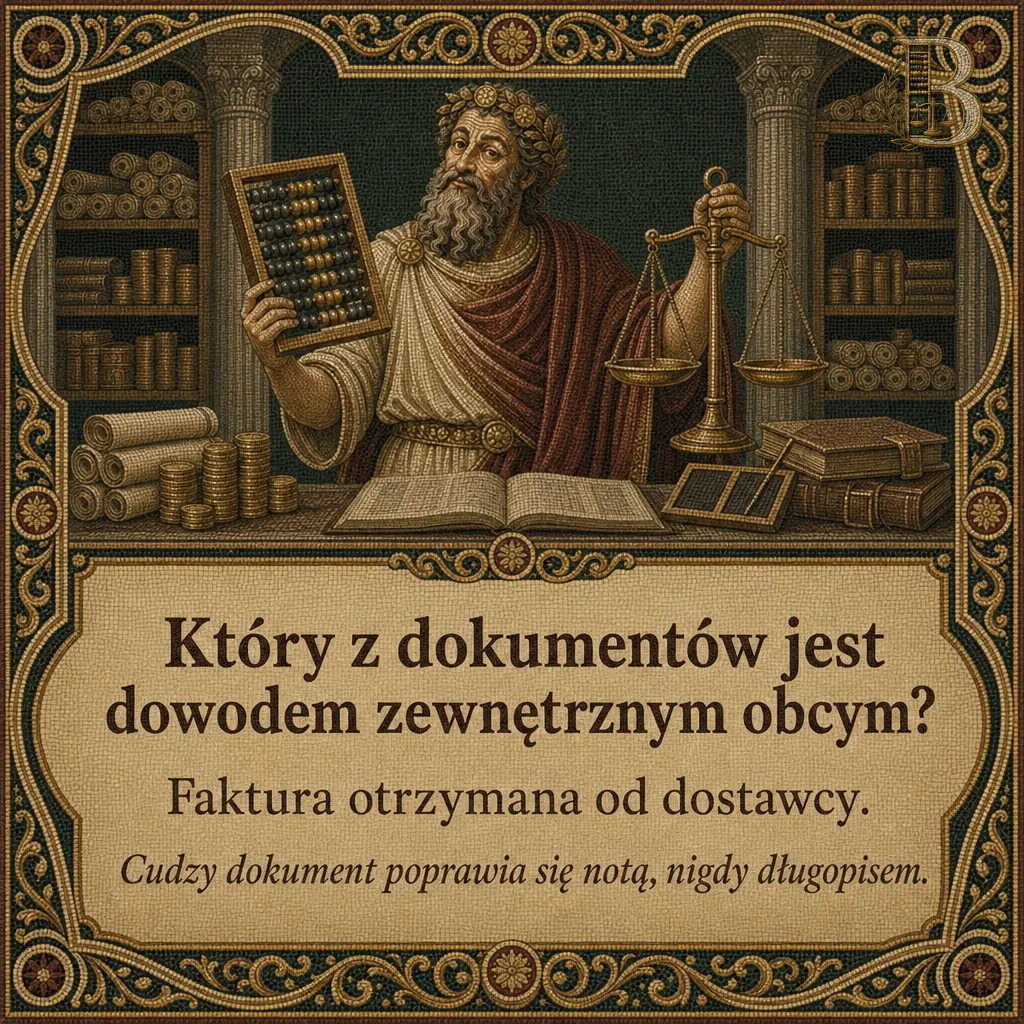 Bilansjusz unosi liczydło w jednej ręce i wagę szalkową w drugiej, przed nim na blacie leży otwarta księga rachunkowa. Napis: Który z dokumentów jest dowodem zewnętrznym obcym? Faktura otrzymana od dostawcy. Cudzy dokument poprawia się notą, nigdy długopisem.