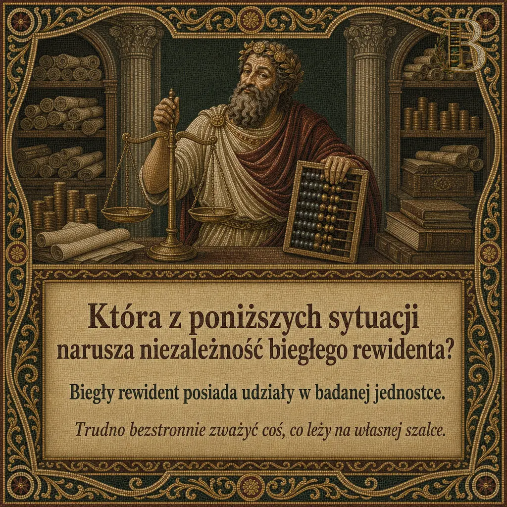 Bilansjusz trzyma wagę szalkową za trzon, drugą ręką opiera się o liczydło, po bokach półki ze zwojami i stosy monet. Napis: Która z poniższych sytuacji narusza niezależność biegłego rewidenta? Biegły rewident posiada udziały w badanej jednostce. Trudno bezstronnie zważyć coś, co leży na własnej szalce.