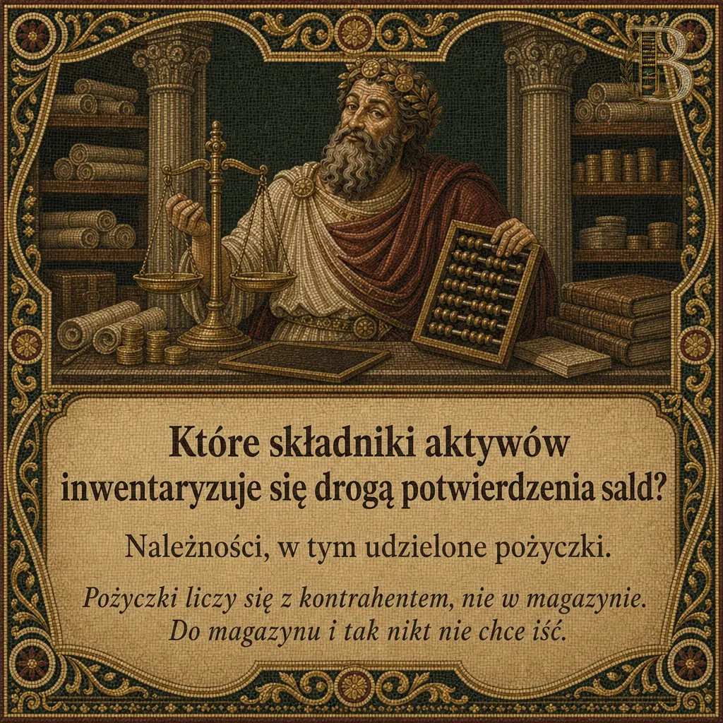 Bilansjusz stoi przy wadze szalkowej z liczydłem opartym o blat, wokół niego zwoje, księgi i stosy monet. Napis: Które składniki aktywów inwentaryzuje się drogą potwierdzenia sald? Należności, w tym udzielone pożyczki. Pożyczki liczy się z kontrahentem, nie w magazynie. Do magazynu i tak nikt nie chce iść.