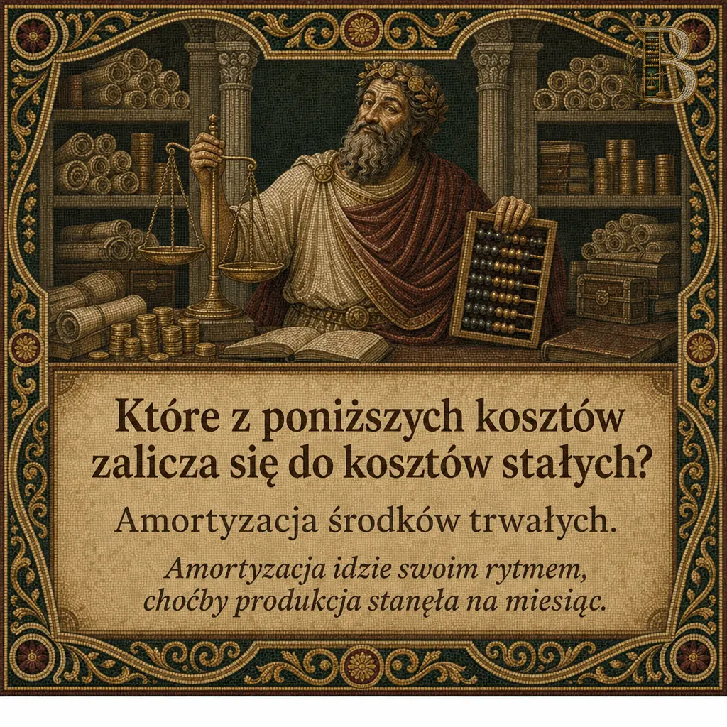 Bilansjusz z wagą szalkową i liczydłem nad otwartą księgą, na półkach za nim zwoje i skrzynie ze złotem. Napis: Które z poniższych kosztów zalicza się do kosztów stałych? Amortyzacja środków trwałych. Amortyzacja idzie swoim rytmem, choćby produkcja stanęła na miesiąc.