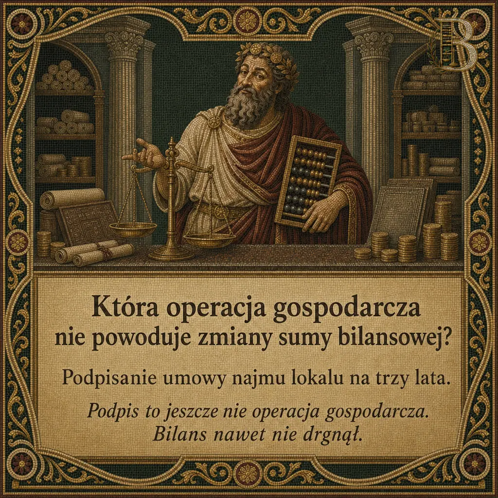 Bilansjusz z uniesionym palcem wskazującym, przy wadze szalkowej i liczydle, na blacie zwoje i stosy monet. Napis: Która operacja gospodarcza nie powoduje zmiany sumy bilansowej? Podpisanie umowy najmu lokalu na trzy lata. Podpis to jeszcze nie operacja gospodarcza. Bilans nawet nie drgnął.